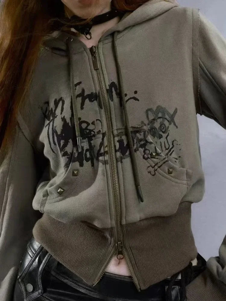 Harajuku Zipper Hoodies Loose Grunge Crop Casual Fashion All Match Streetwear Women Y2k Aesthetic 2024 Vintage Print Sweatshirt