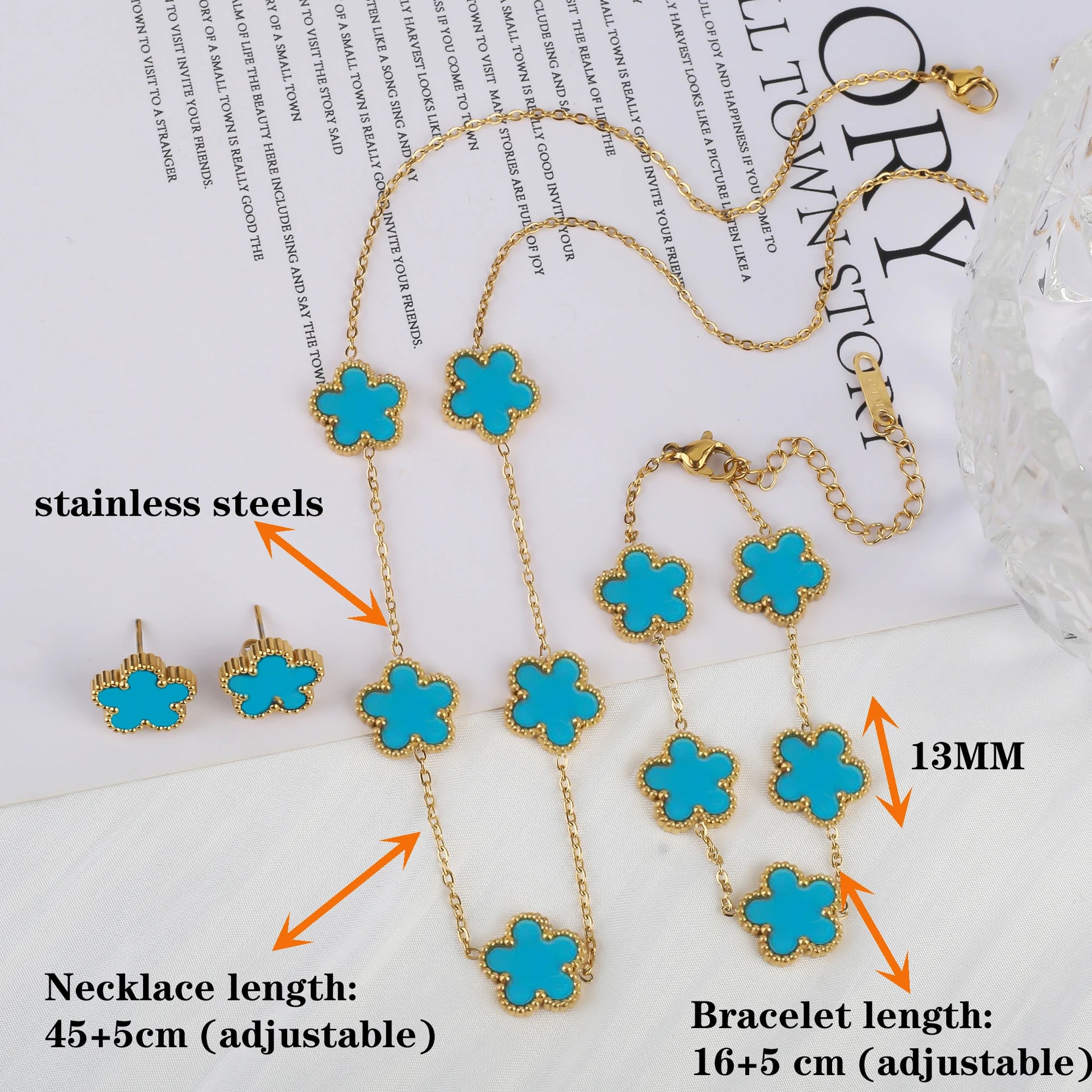 3-Piece 18K Gold-Plated Five-Leaf Flower Jewelry Set Necklace Earrings & Bracelet Clover Pendant Set — view 2 of jewelry sets
