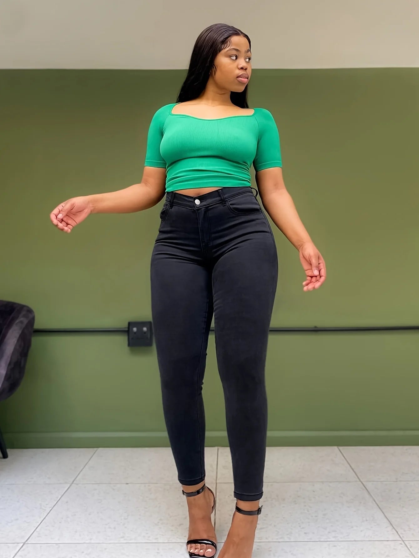 Plus-Size Black Skinny Jeans — Stretch Slim-Fit Elastic-Ankle Pants — front view
