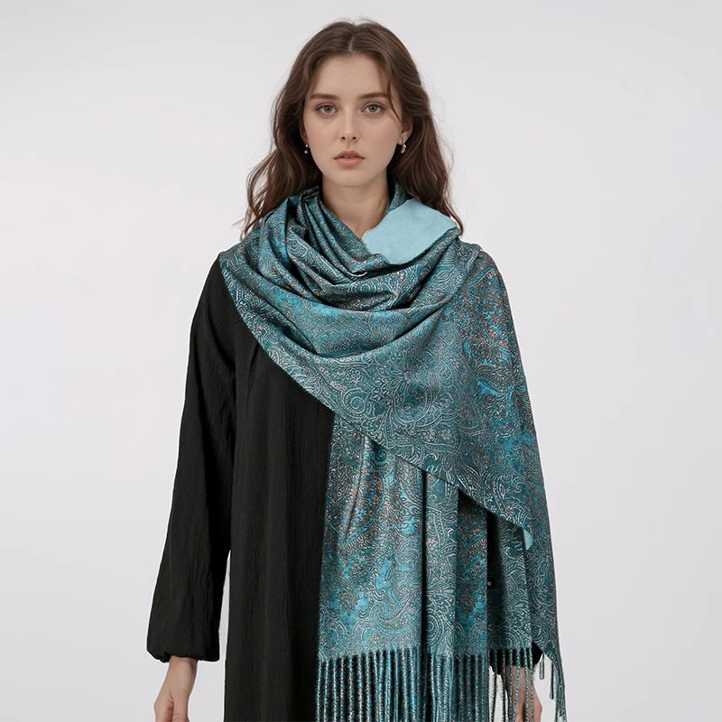 Luxury Paisley Pashmina Embroidery — Cashmere Reversible Drape Floral Designer Shawl Wrap — view 7 of scarves & wraps