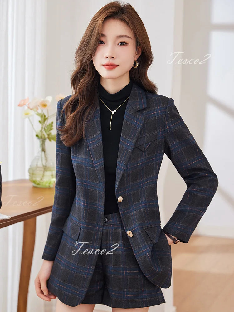 Tesco Fashion Plaid Women's Suit Blazer Spring Short Pants 2 Piece Casual Outfits For Prom Party England Style Pantsuit