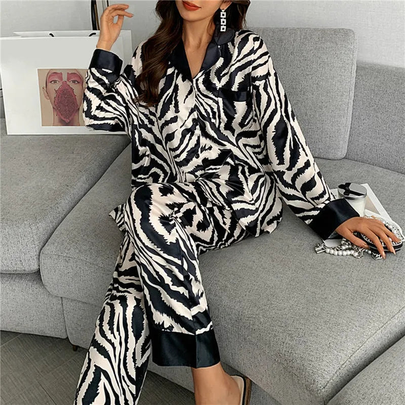 Pajamas Set for Women Luxurious Sweet Satin Pyjamas Woman Long Sleeve Shirt Long Pants Home Wear Ladies