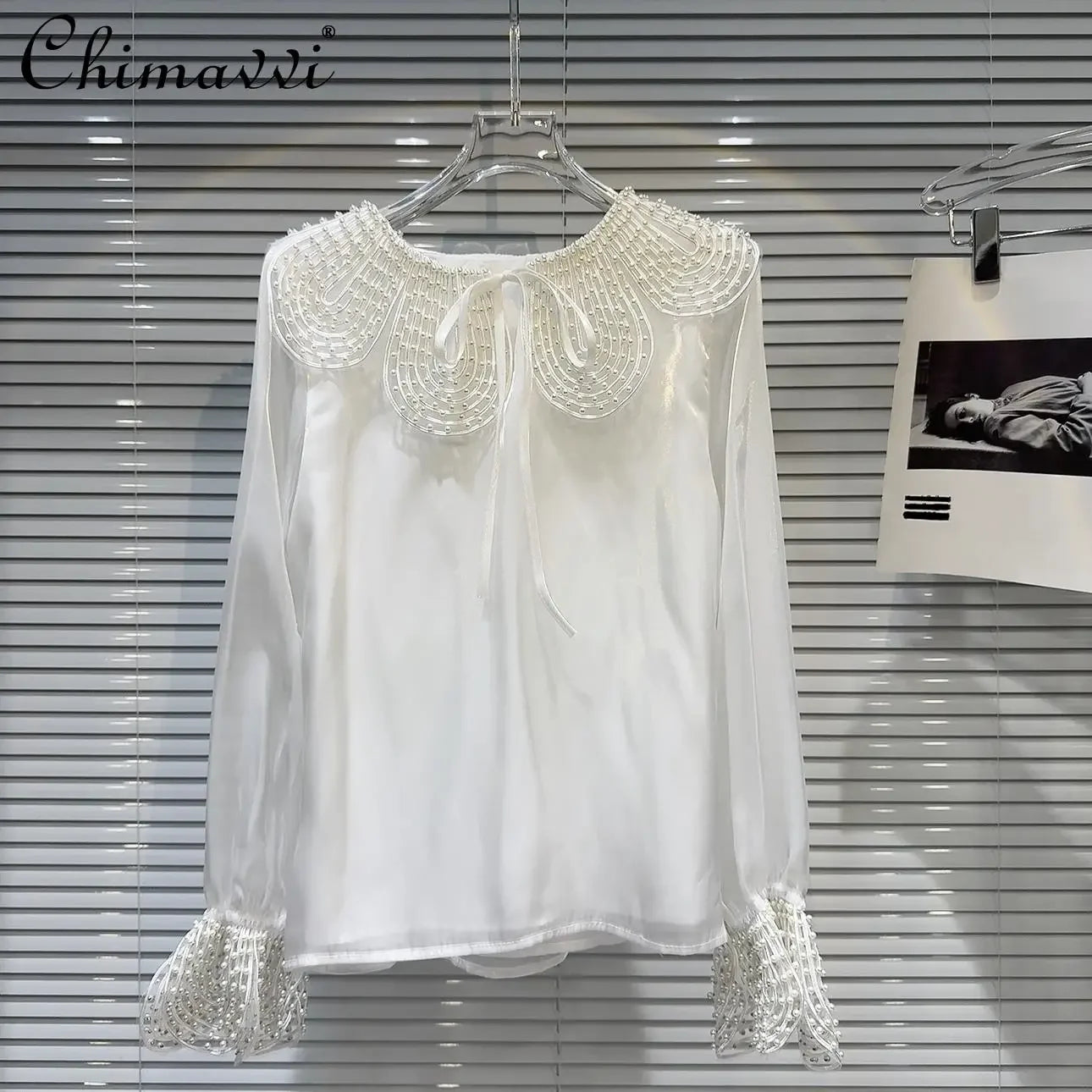 2024 Autumn New French Fashion Pearl Lotus Leaf Neck Long Sleeve Shirt Sweet Girl Ladies Elegant Celebrity Chiffon Shirts Blouse