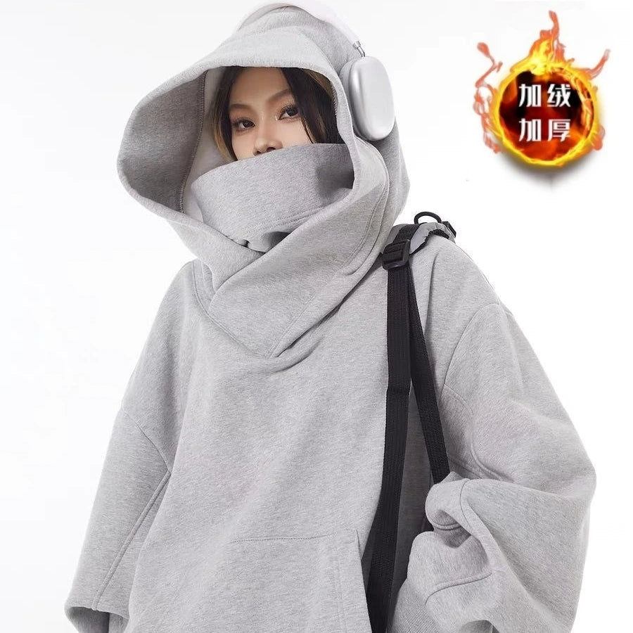 Men’s Solid Color Ninja Hoodie – Vintage Turtleneck Fleece Oversized Sweatshirt for Autumn Y2K Streetwear