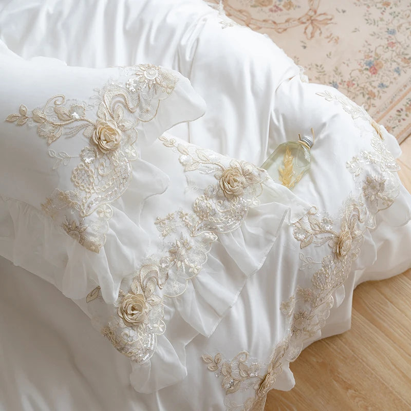 White Lace Embroidery Bedding Set – Korean Princess Wedding Bedclothes, Cotton Duvet Cover & Bed Sheet