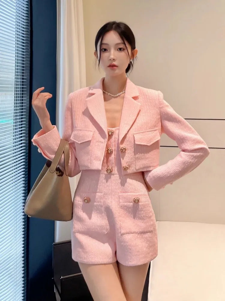 Office Lady Fashion Long Sleeve Pink Tweed Jacket Suspenders Playsuits Two Piece Set Sweet Women Spring Autumn Matching Sets