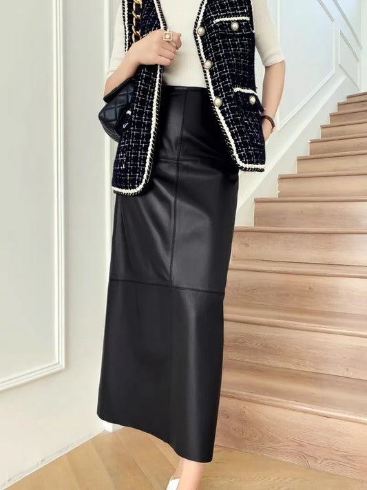 Long Skirt For Women 2023 New Fashion Vintage Black Genuine Sheepskin Leather Pencil Skirts High Waist Elegant Luxury