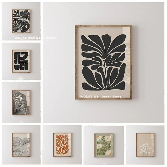 Abstract Moody Plant Canvas Poster — Mid-Century Beige & Black Floral Wall Art — view 1 of wall art & prints