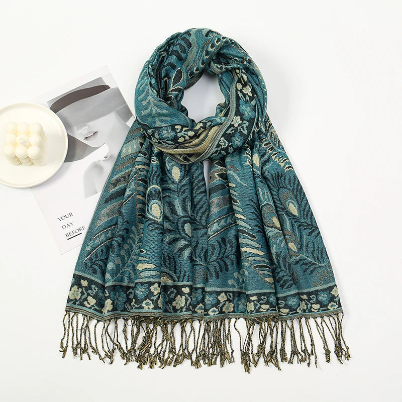 Cashmere-Feel Paisley Scarf Luxury-inspired — Tassel Hijab Pashmina Shawl Wrap, Blue Palette — view 3 of scarves & wraps