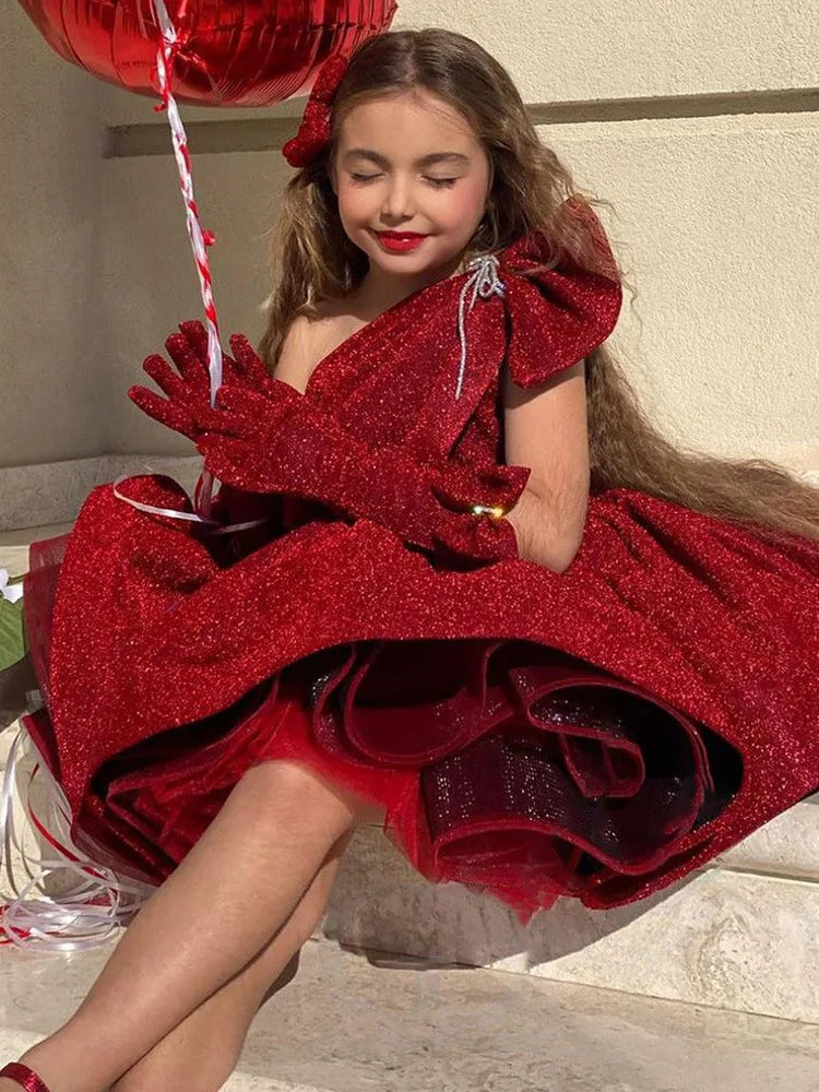 Luxurious Chinese New Year's Party Gown for Girls Banquet Dress for Young Girl Children Red Sequin One Shoulder Dresses for Gala