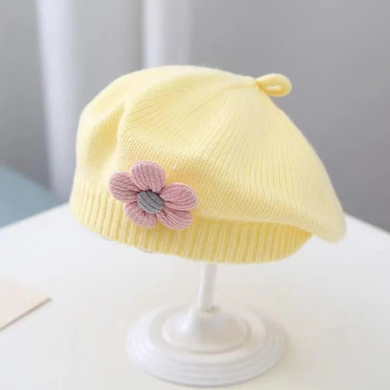 Flower Baby Beret Hat - Knitted Painter Cap for Infant Girls, Cute Toddler Princess Beret