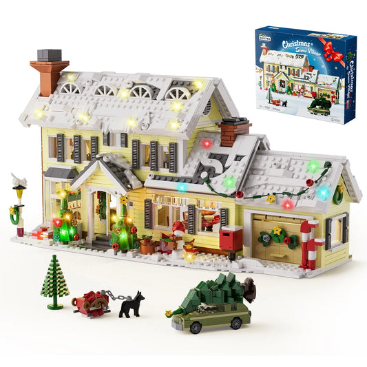 Christmas Holiday House Building Set Christmas Holiday Snow Village Blocks Toys with Clark's Car,Gifts for Boys, Girls(1484pcs)