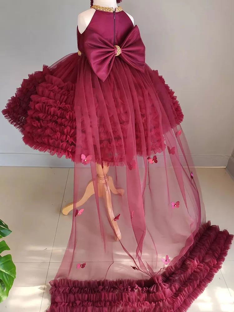 2024 Summer Girls Sweet Fluffy Dress Performance Dress Wine Red Flower Girl Princess Dress Walk Show Formal Big Butterfly Christ