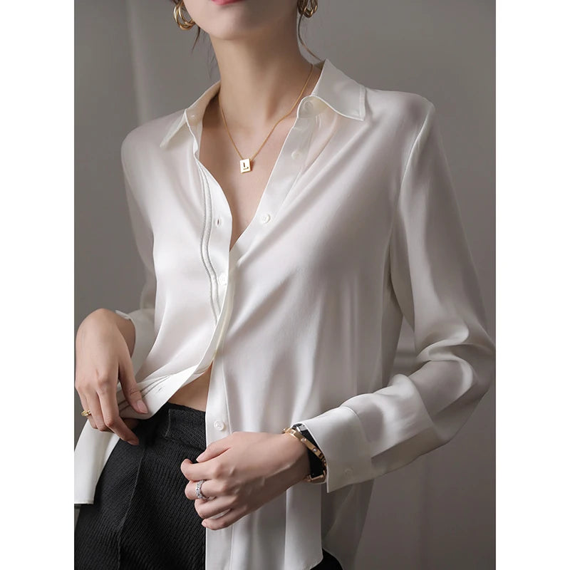 Women Korean Fashion Silk Long Sleeve Solid Color Office Lady Shirts Women Clothes Simplicity Appear Thin All-match Trend Tops