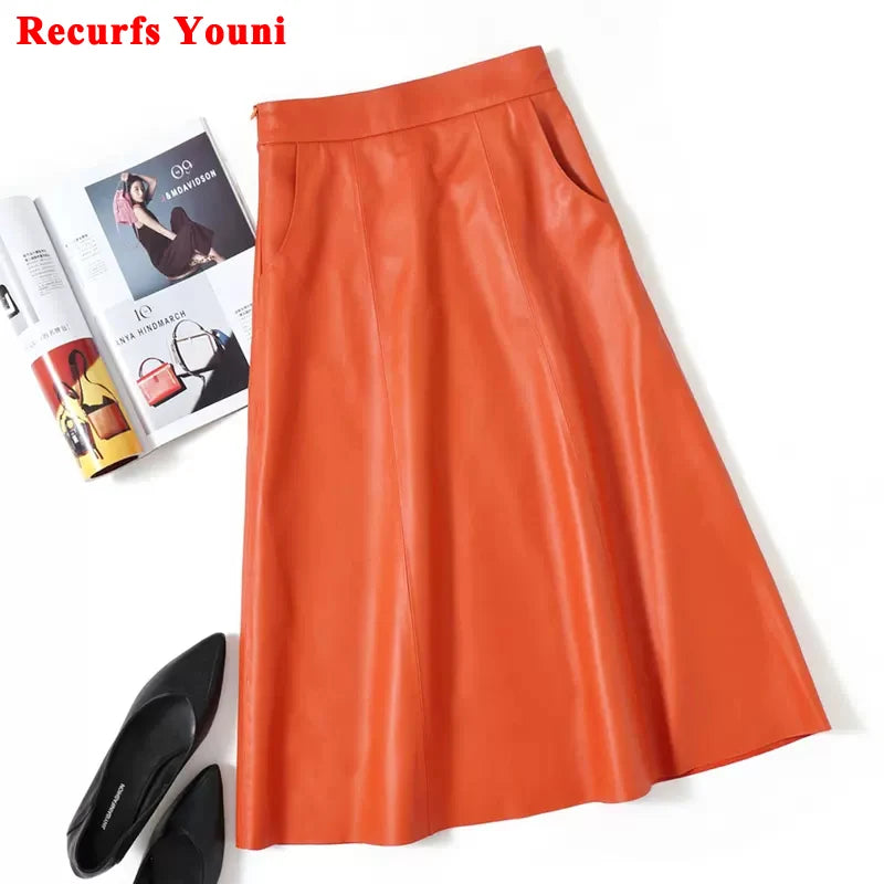 Women A-line Long Leather Skirt 2023 Spring Femme New Sheep Skin Big Hem Pocket Maxi Jupe Mujer Organge Umbrella Faldas Largas