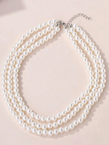 Pearl 3-Strand Layered Necklace — Silver-Tone Clasp Faux Pearl Statement for Women — view 1 of necklaces