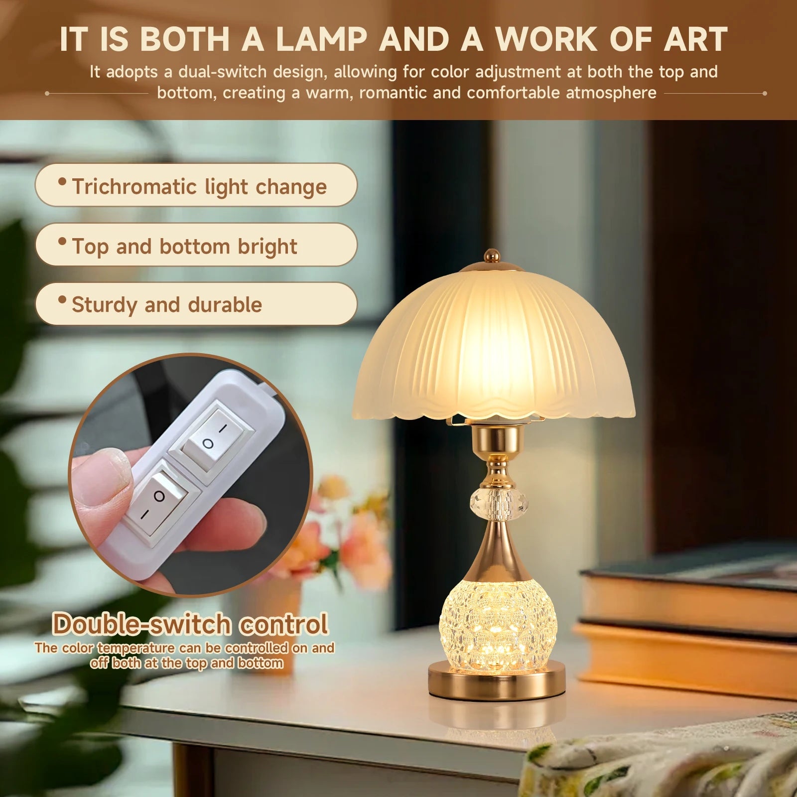 Crystal Petal Bedside Table Lamp &mdash; Luxury Dimmable Push-Button Nightstand Light for Bedroom — view 4 of lighting