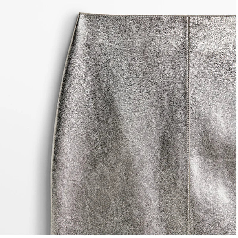 Europe/America Genuine Leather silver Skirt Women 2023 Spring 50cm Long Fashion High Waist Buttons Retro Pencil Skirt Walk High