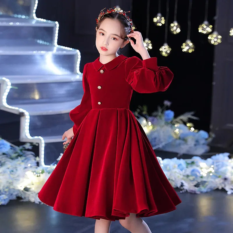 Fall Girls Velvet Princess dress Children's French Wine Red dress Baby Birthday Party Wedding Christmas Dress 6 8 to 10 12 Years