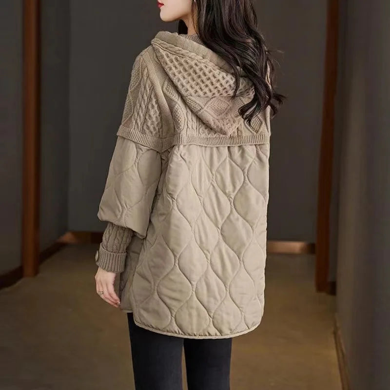 Fake Two Piece Women Midi Hoodies 2024 New Autumn Winter Patchwork Hooded Female Pullover Sweaters Drawstring Parkas