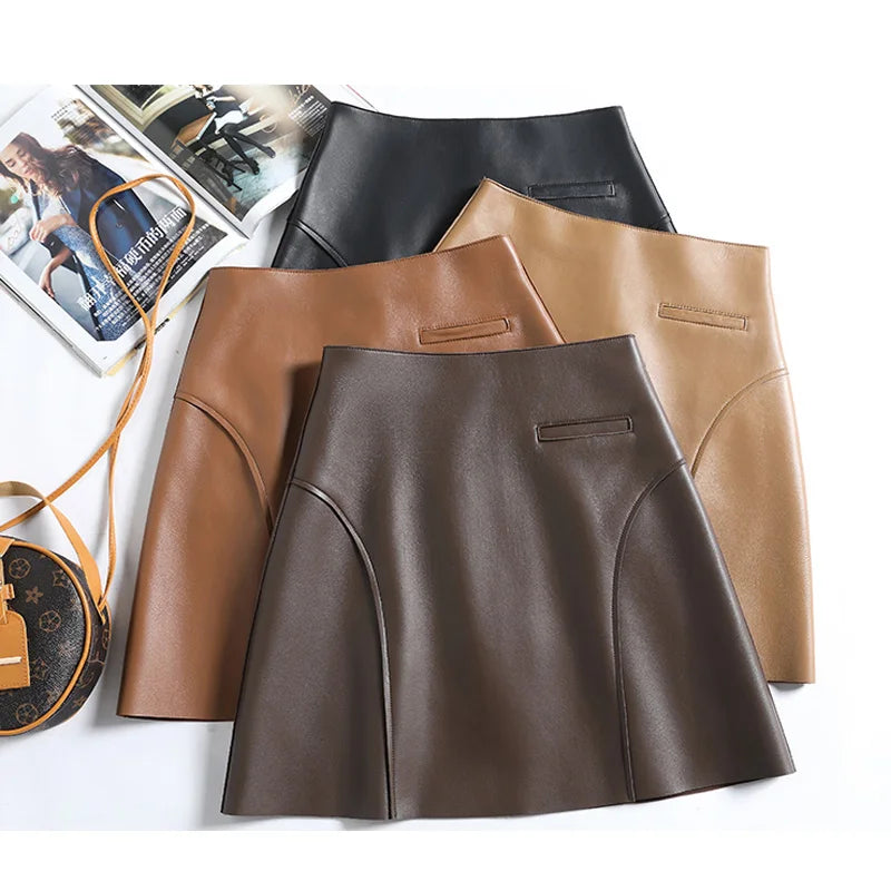 Real Leather Sexy Mini Skirt Women Spring South Korean Fashion High Waist Buttons Retro A-line Skirt