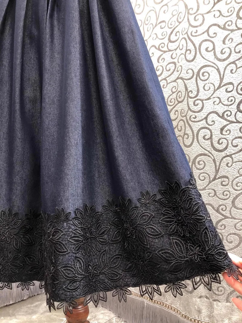 2025 Spring Fashion Long Denim Skirt High Quality Cotton Denim Women Lace Embroidery Casual Long Maxi Blue Jeans Skirt Clothing