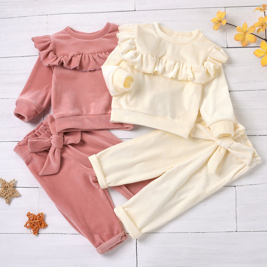 2PCS fall and winter models girls coral fleece warm Baby Sets coral fleece top coral fleece pants warm and comfortable
