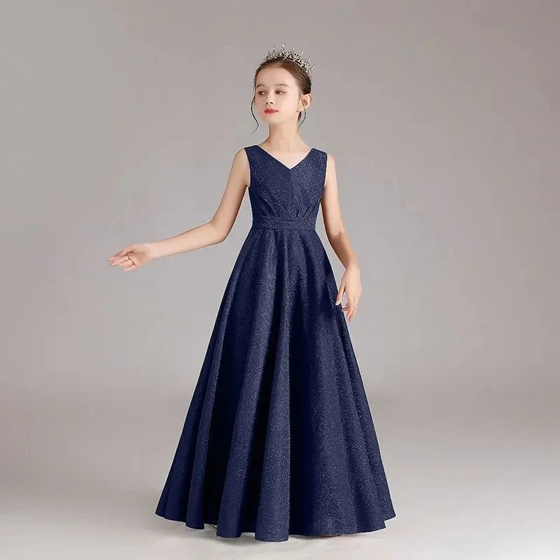 Elegant Black Blue Red Long Teen Kids Evening Gown For Girls Child Costume V neck Wedding Prom Dress 12 14 Years Party Clothes