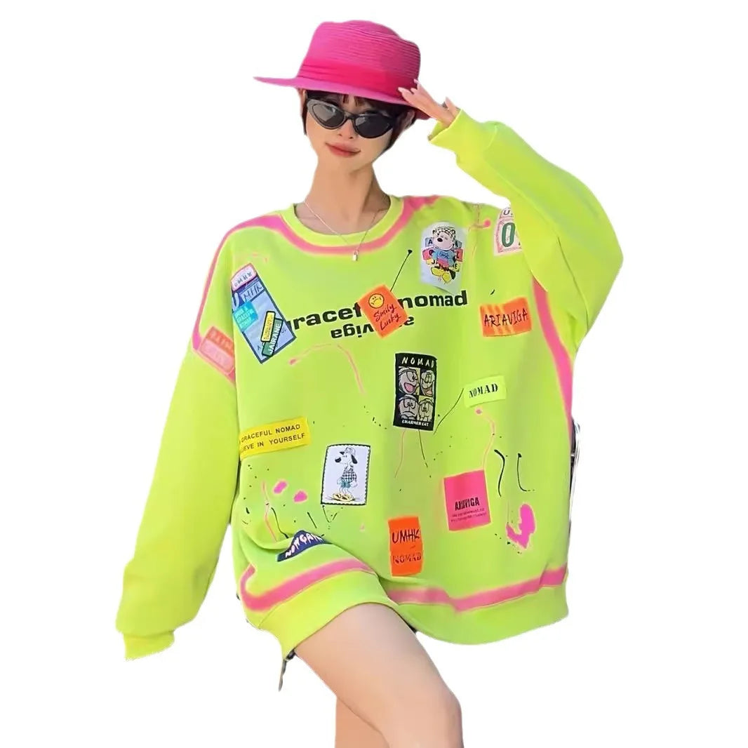 Original Y2K Graffiti Printed O-neck Hoodie Autumn And Winter Women's Fashion Loose Street Dance Club Casual Warm Cotton Hoodie