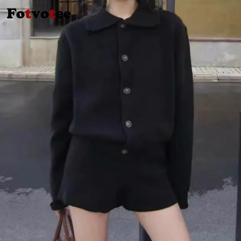 FOTVOTEE Fashion Knitted Suits for Women Lapel Single Breasted Cardigan High Waist Shorts Fall Winter New Elegant 2 Piece Sets