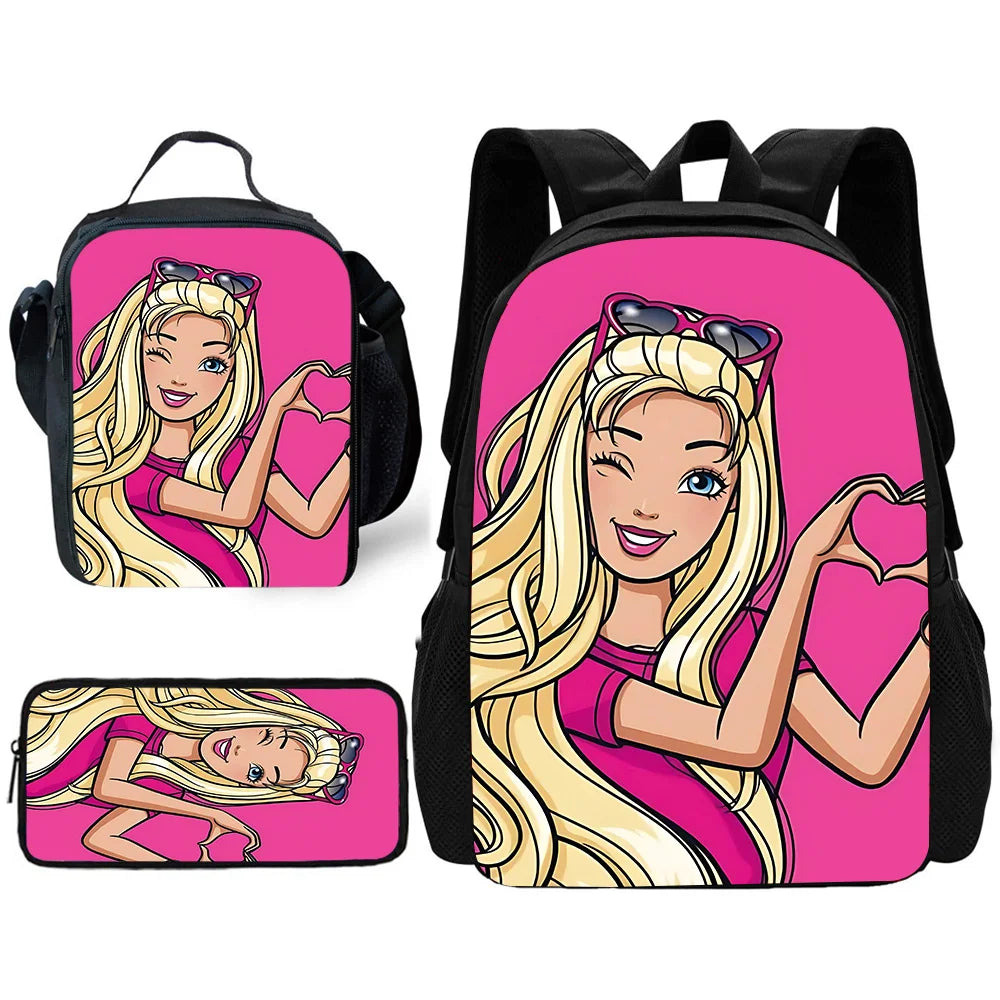 Barbie Child School Backpack with Lunch Bags ,Pencil Bags ,School Bags for Boys Girls Best Gift