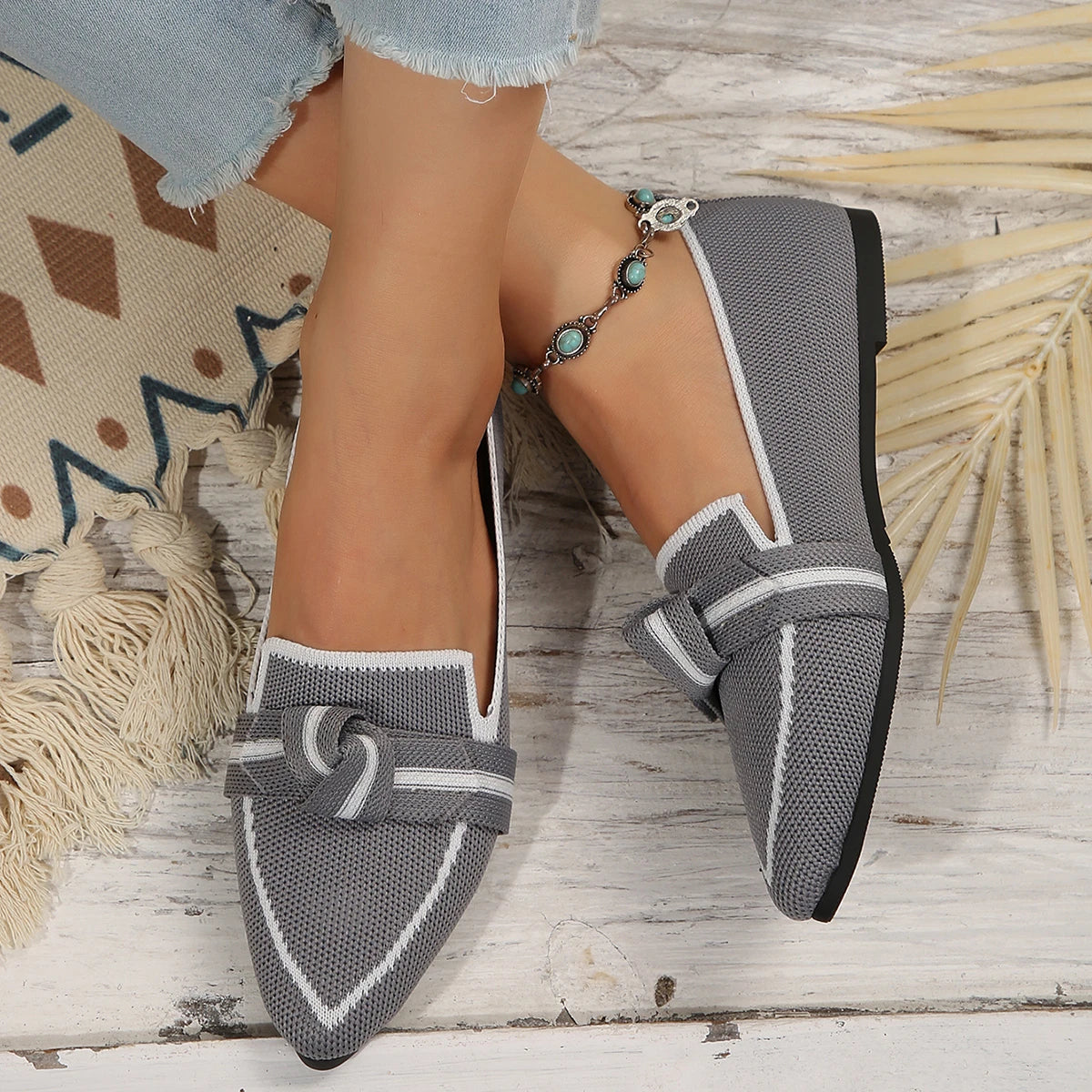 Flats & Ballet — Knit Pointed-Toe Quiet-Luxury Flats, Breathable Solid-Color Slip-Ons — view 6 of flats & ballet