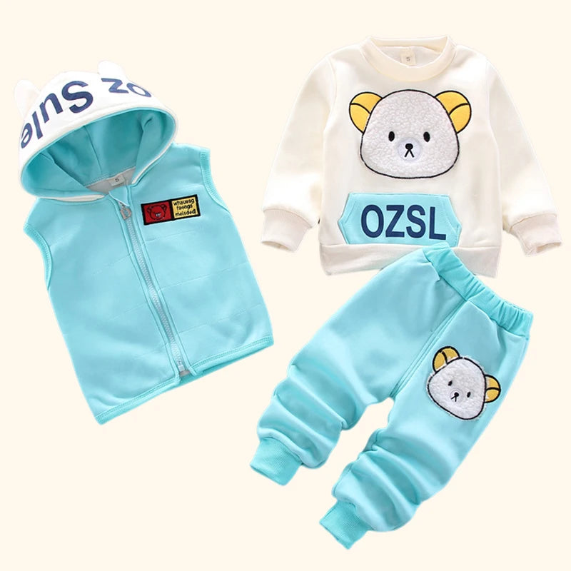 3Pcs Kids’ Warm Hooded Outfit Set – Thicken Winter Outerwear Three-Piece Clothing Set