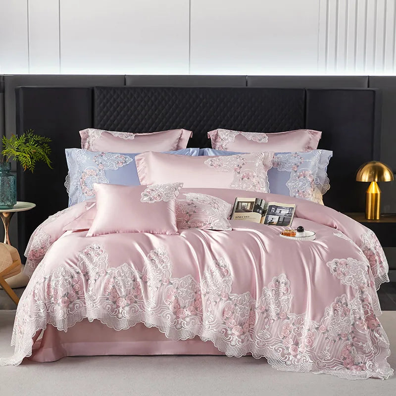 Luxury Hotel Wedding Bedding Set – 600TC Long-Staple Cotton Embroidered Pink Princess Duvet Cover