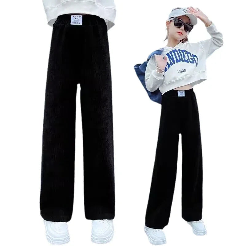 Girls Pants Autumn Winter Casual Loose Black Pink Color Kids Wide Leg Pants School Teenage Children Trousers 6 8 10 12 14 Years