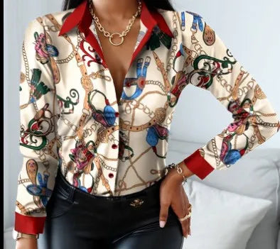 Women casual office printed shirt spring and autumn fashionable button up long sleeved shirt elegant splicing slim fit top women