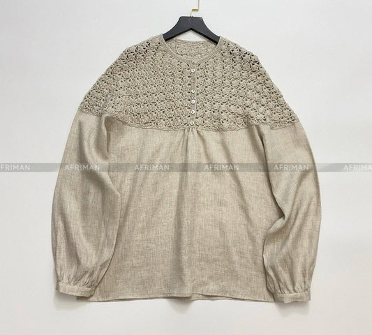 Women Vintage Style Hollow Out Crochet Wool Splicing Linen Comfortable Loose Blouse Top