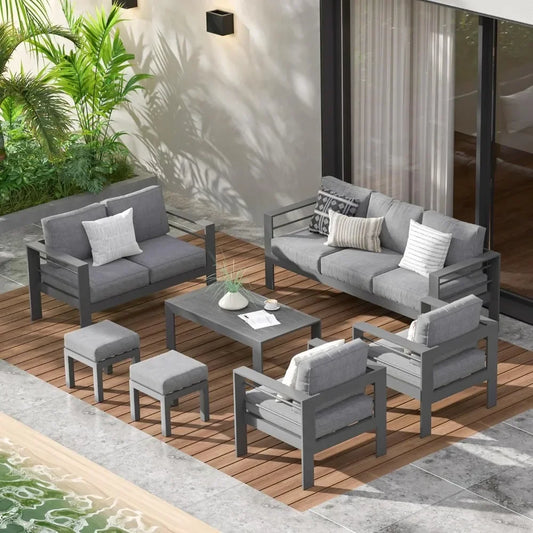 Aluminum Outdoor Patio Furniture Set – Sectional Sofa with Footrest, Cushions & Coffee Table