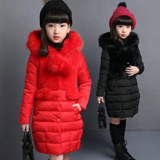 Winter Warm Jackets for Girls Fashion Fur Hooded Children Girls Waterproof Outwear Kids Cotton Lined Parkas