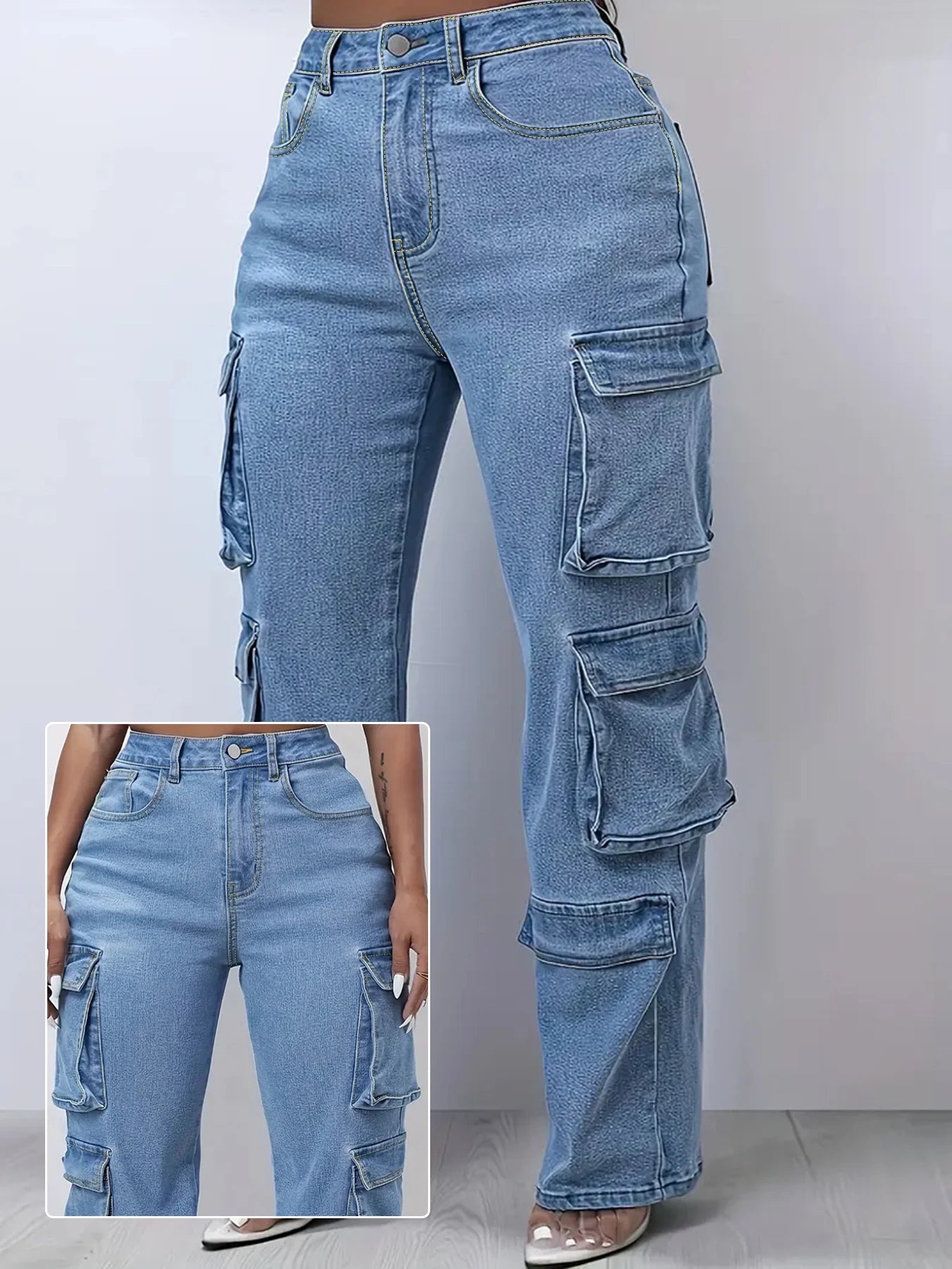 Plus-Size Light-Wash Cargo Jeans — Multi-Pocket Straight-Leg Streetwear Denim — variant view 4