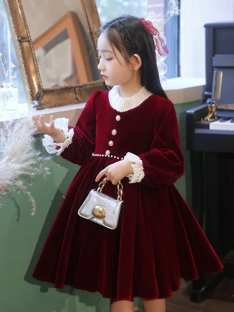 Wine Red Velvet Baby Kids Clothes Flower Girls Dresses for party Wedding Birthday Teens Evening Prom Children Christmas Dress