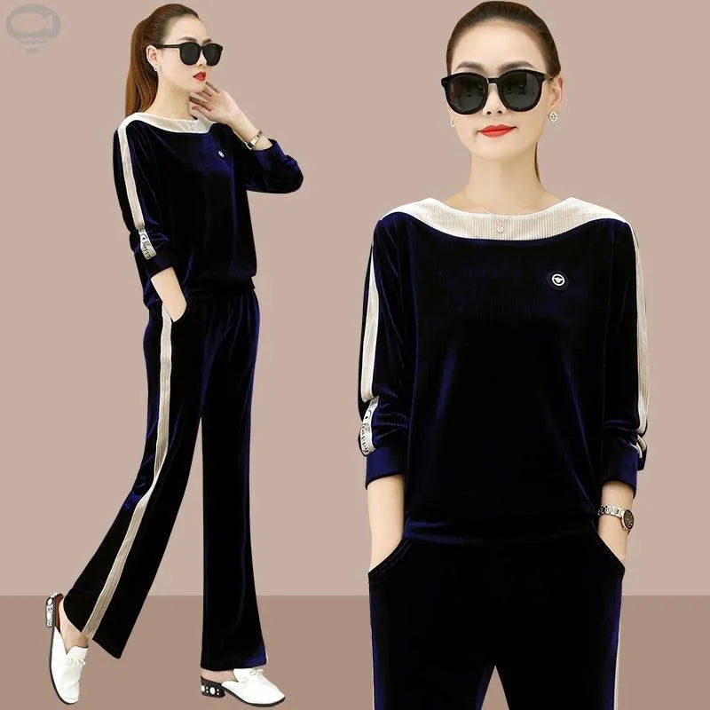 Plus Size Velvet Women Sportswear Tracksuit Loose Sweater Wide Leg Pant Running Jogger Fitness Gym Workout Casual Set Sport Suit