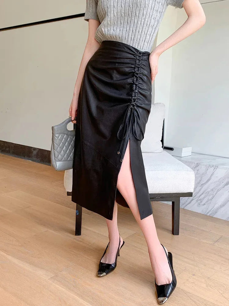 Women Long 30inch Real Leather Skirt Euro-American Calf-Length  Sheepskin Slim Pencil Skirt With Femme Side Fork Split Saia