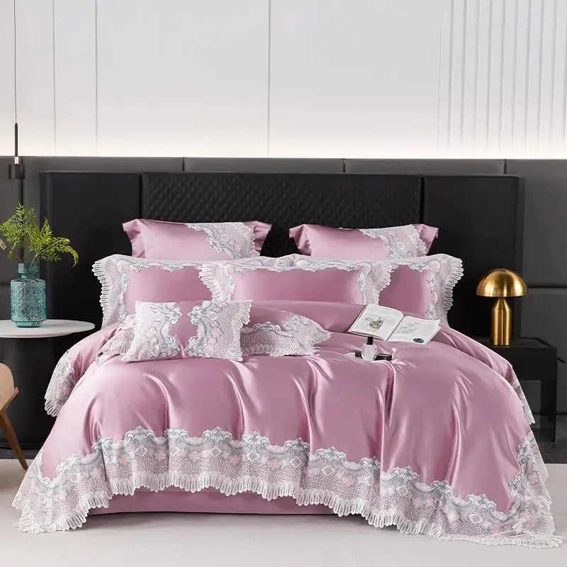 Luxury Hotel Wedding Bedding Set – 600TC Long-Staple Cotton Embroidered Pink Princess Duvet Cover