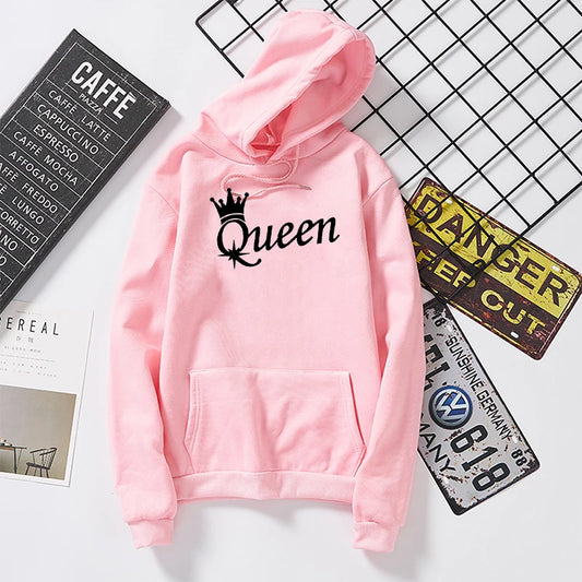 Women's Long Sleeve Hoodies Sweatshirts for Lovers Student Winter Hooded Pullovers KING Queen Crown Print Unisex