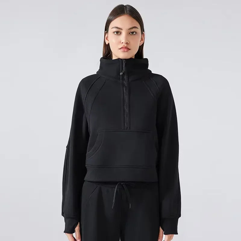 Thicken Women High-neck Half-zip Sports Jackets Outdoor Cycling Windproof Hoodie Gym Training And Exercise Yoga Sportswear