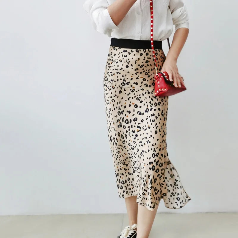 Birdtree 17MM 100%Real Silk Commute Leopard Skirt Women's Wrapped Hip Split Fish Tail French Skirt  2024 Spring Summer B41132QC