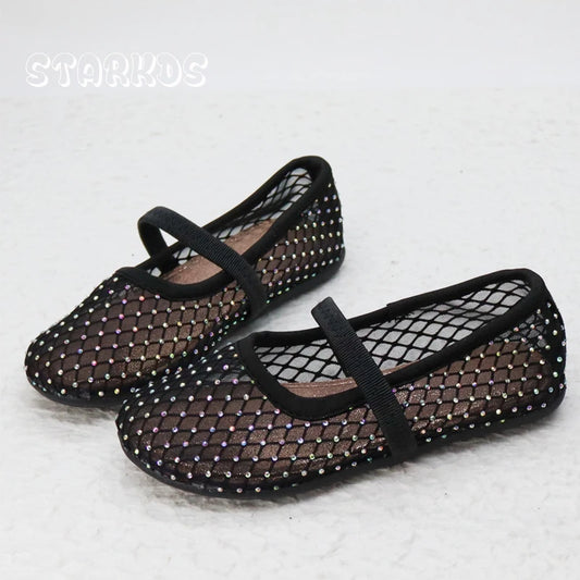 Luxury Lace Mesh Ballet Flat Kid Girls Elegant Brand Design Rhinestones Covered Fishnet Ballerina Shoes Children Dress Zapatos