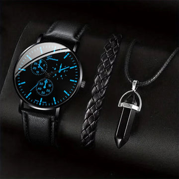 Men's 3pc Business Watch Gift Set — Leather Quartz Wristwatch, Necklace & Bracelet — view 1 of watches