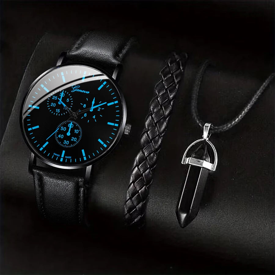 Men's 3pc Business Watch Gift Set — Leather Quartz Wristwatch, Necklace & Bracelet — view 1 of watches
